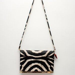 Aldo Womens Zebra Print Crossbody Shoulder Flat Wide Purse with Gold Accent